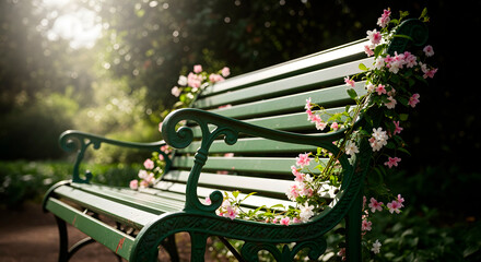 A beautiful green park bench adorned with delicate pink flowers, bathed in the soft, ethereal glow of morning sunlight filtering through lush foliage