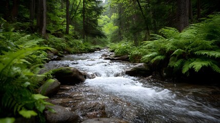 Obraz premium A lush forest stream flows gently over mossy rocks surrounded by vibrant green ferns and tall trees