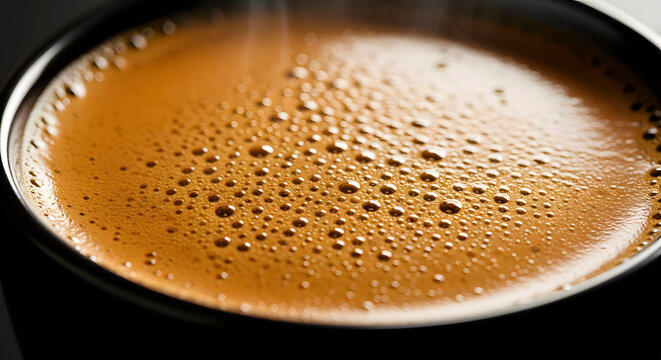 Closeup macro shot of a steaming hot cup of rich, dark espresso coffee with a beautiful crema on top, perfect for morning energy and caffeine