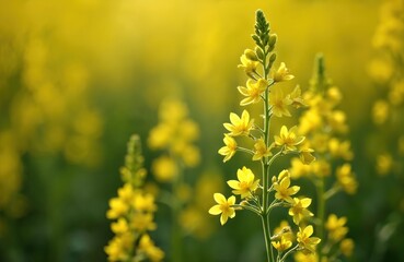 Fototapeta premium Bright yellow canola flowers bloom abundantly in a sunlit field, representing spring agriculture and sustainable biofuel production. Green stems and soft bokeh background.