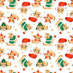Cute Christmas Cats Seamless Pattern. Adorable seamless pattern featuring festive cats in Christmas costumes, stockings, and holiday accessories, surrounded by stars and candy canes.