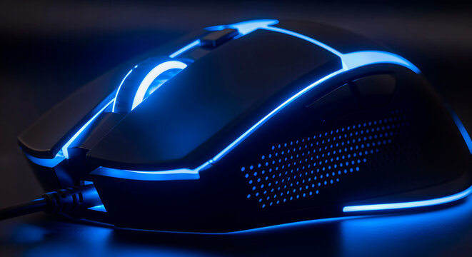 Closeup of a futuristic gaming mouse with vibrant blue led lighting, highlighting its ergonomic design and advanced features for optimal performance in digital environments