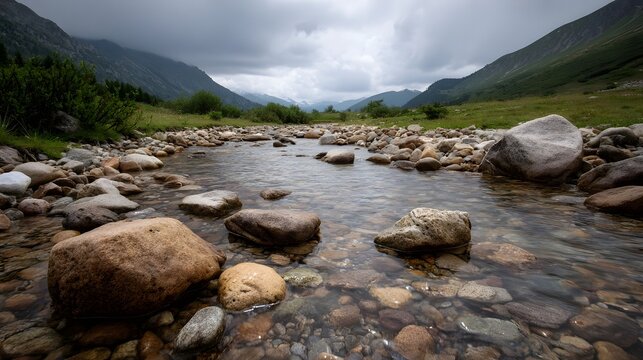 A clear river flows over pebbles through a rugged mountain valley under a dramatic cloudy sky - Powered by Adobe