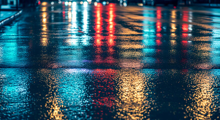Abstract reflections of colorful city lights on a wet asphalt street at night, creating a vibrant and moody urban atmosphere