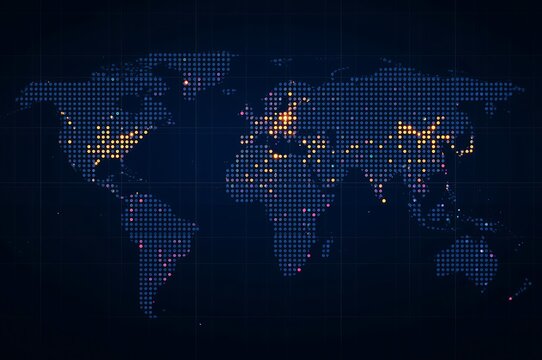 Global network of illuminated cities across a dotted world map on a dark background