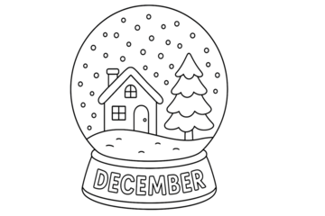 Winter snow globe illustration featuring cozy house pine tree falling snowflakes and December text charming seasonal holiday artwork isolated on white background