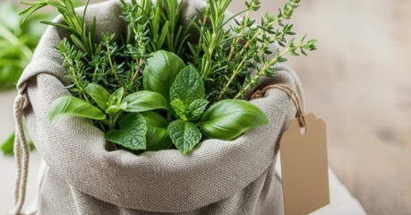 Fabric sack filled with fresh herbs, rustic style in natural green tones, representing gardening and eco-friendly gifting concept