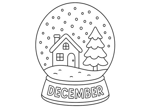 Winter snow globe illustration featuring cozy house pine tree falling snowflakes and December text charming seasonal holiday artwork isolated on white background