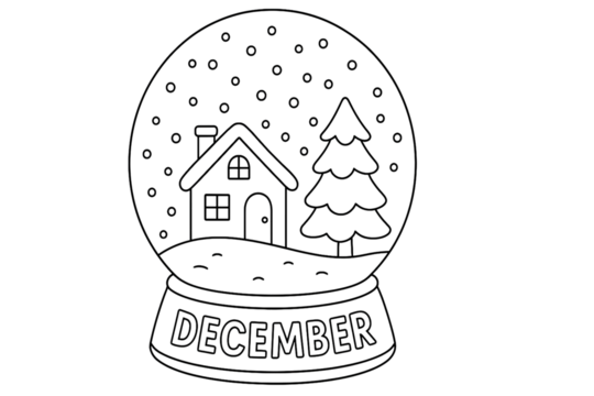 Winter snow globe illustration featuring cozy house pine tree falling snowflakes and December text charming seasonal holiday artwork isolated on white background