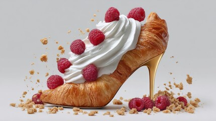 Close up of a pastry with whipped cream and raspberries on top