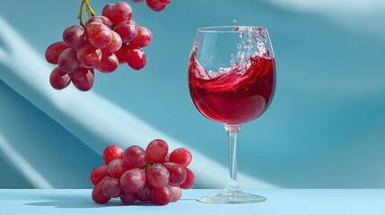 Glass of red wine is poured into a wine glass, with a bunch of grapes on the table. Concept of relaxation and enjoyment