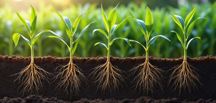 Five young corn plants show strong root systems developing underground. Their green stalks and leaves grow in dark soil. A vast field of maize blurs in the background. Sunlight illuminates the scene.