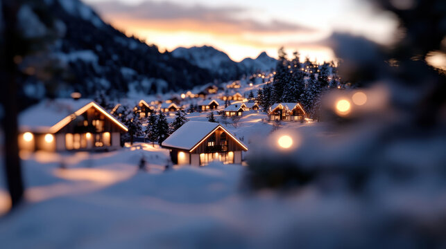 A beautifully lit mountain village in winter glows softly against a twilight backdrop, epitomizing a serene atmosphere perfect for holiday feelings and cozy gatherings.