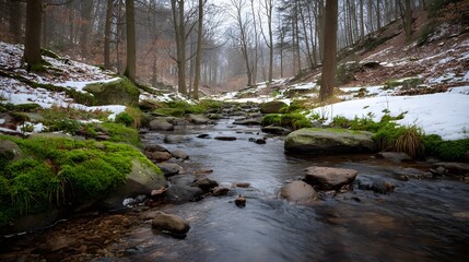 Obraz premium A tranquil clear stream winds through a winter forest bordered by mossy rocks and patches of snow under an overcast sky