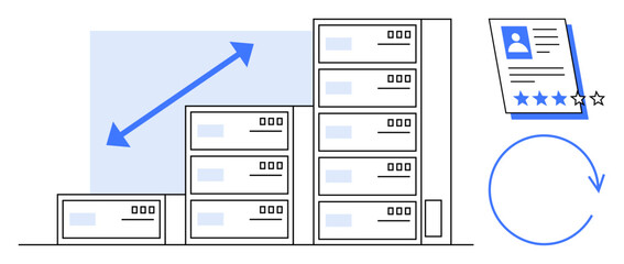 Server racks growing in size, upward arrow for data growth, performance review sheet with star rating, and rotating circular arrow for continuous improvement. Ideal for technology, analytics, data