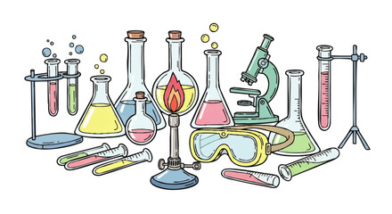 Colorful illustration of various laboratory equipment, including beakers, flasks, and a microscope, used for scientific experiments.