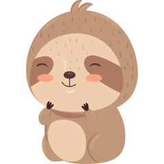 Cute Cartoon Sloth with Closed Eyes and Rosy Cheeks Standing Upright with Happy Expression and Tucked Hands and Transparent Background