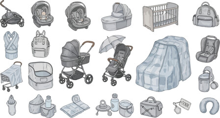Collection of hand drawn illustrations of baby gear including strollers cribs carriers and feeding accessories on a white background