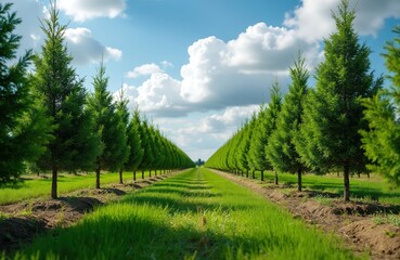 Rows of young evergreen trees grow at plant nursery field. Pine saplings cultivated for commercial horticulture business. Conifer plantation farm under blue sky on sunny day. Concept of sustainable