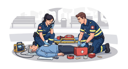 Paramedics performing cpr on patient lying on the ground outdoors, with medical equipment nearby, emphasizing emergency medical services