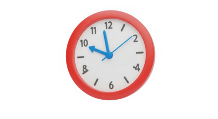 A simple red clock face showing approximately ten past ten, isolated on a transparent background