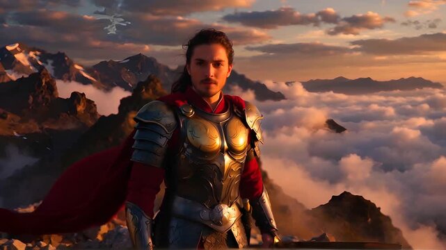 Dawn's Fury: A Warrior's Steadfast Resolve on a Windswept Mountain Summit at Sunrise.