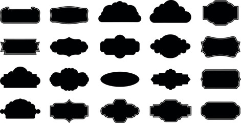 Collection of decorative black silhouettes of vintage labels and emblems for design elements