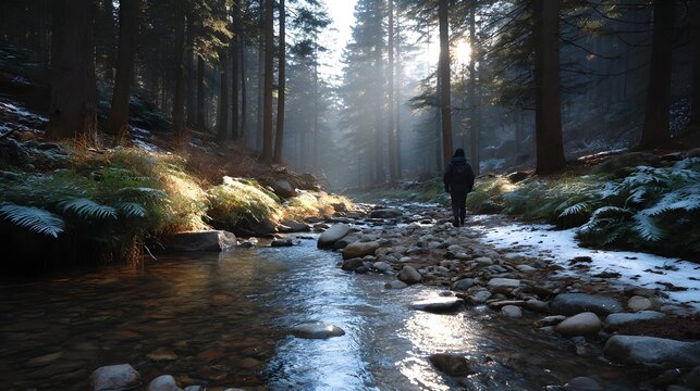A lone hiker walks along a rocky stream in a misty sunlit forest with patches of snow
