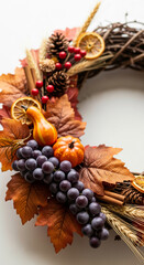 Obraz premium Autumn wreath with leaf, pumpkin, grape, and pinecone elements, creating a festive seasonal arrangement, representing fall harvest, celebration, and thanksgiving