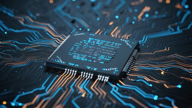 Closeup of a futuristic computer processor chip with glowing blue and orange circuits on a dark background, symbolizing technology and data