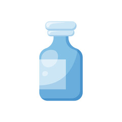 Medical blue bottle isolated on transparent background. Bottle for pills . Medical treatment and therapy. Medical tools. Single item. Cartoon flat style. Simple icon.  Vector illustration.