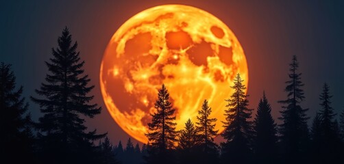 Large orange moon rises above dark pine forest silhouette. Celestial body glows bright in night sky. Lunar orb displays craters texture. Natural light illuminates landscape.