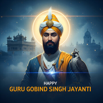 Portrait of guru gobind singh ji illuminated by a golden halo and celestial background