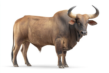 A powerful, muscular brown bull with large horns stands confidently, isolated on a bright white background, captured with realistic detail.