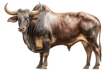 A powerful, muscular brown bull with large horns stands confidently, isolated on a bright white background, captured with realistic detail.