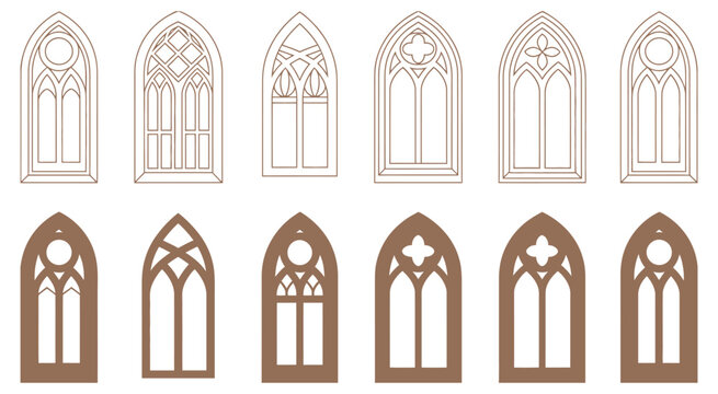 Gothic arch windows with decorative tracery and panes isolated on white background, perfect for architectural illustrations