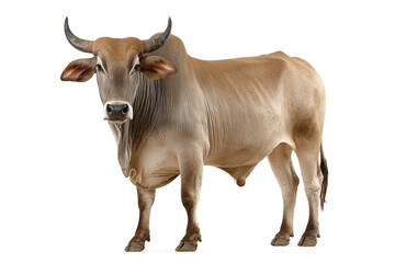 A powerful, muscular brown bull with large horns stands confidently, isolated on a bright white background, captured with realistic detail.