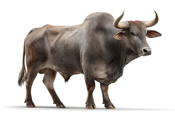 A powerful, muscular brown bull with large horns stands confidently, isolated on a bright white background, captured with realistic detail.