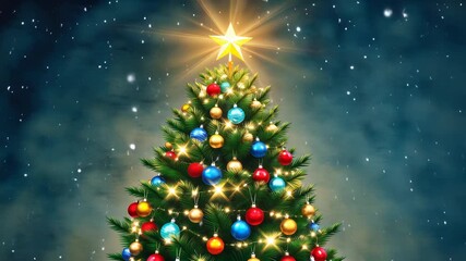 A beautifully decorated christmas tree with colorful ornaments and twinkling lights, with falling snow and a glowing star on top - Powered by Adobe