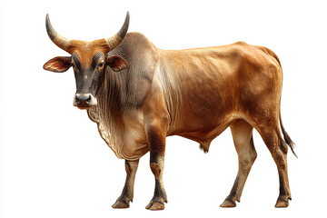 A powerful, muscular brown bull with large horns stands confidently, isolated on a bright white background, captured with realistic detail.