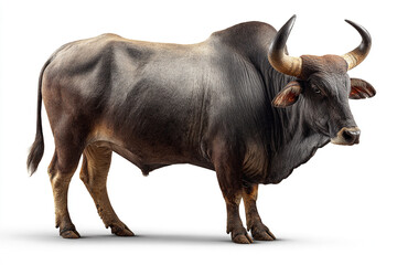 A powerful, muscular brown bull with large horns stands confidently, isolated on a bright white background, captured with realistic detail.