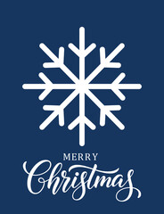 Vertical dark blue Christmas card template featuring a large, stylized white geometric snowflake centered above elegant white hand-lettered calligraphy that reads 