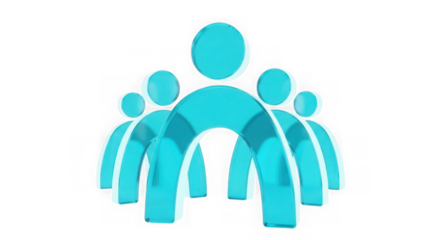 Abstract group of five cyan figures forming an arch, symbolizing unity, teamwork, and community, isolated on transparent background
