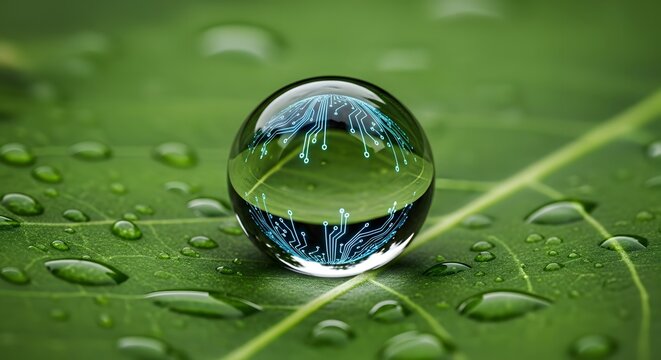 Macro close-up of fresh green leaves with glistening water drops and reflections of summer nature