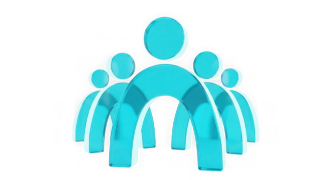 Abstract group of five cyan figures forming an arch, symbolizing unity, teamwork, and community, isolated on transparent background