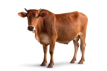 A powerful, muscular brown bull with large horns stands confidently, isolated on a bright white background, captured with realistic detail.