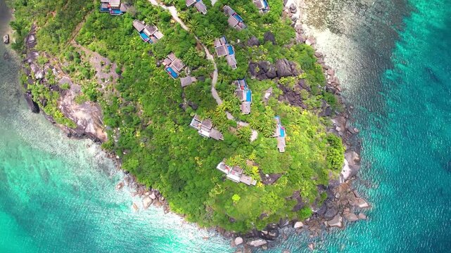 Seychelles paradie resort with swimming pools in the rainforest view from above