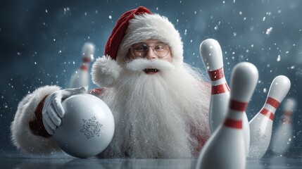 Obraz premium A cheerful elderly Caucasian man with a long white beard and red Santa hat holds a bowling ball, surrounded by bowling pins in a snowy setting.