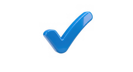 A glossy blue check mark symbol isolated on a transparent background, representing approval or correctness