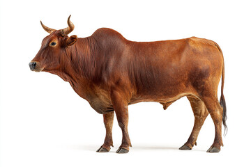 A powerful, muscular brown bull with large horns stands confidently, isolated on a bright white background, captured with realistic detail.